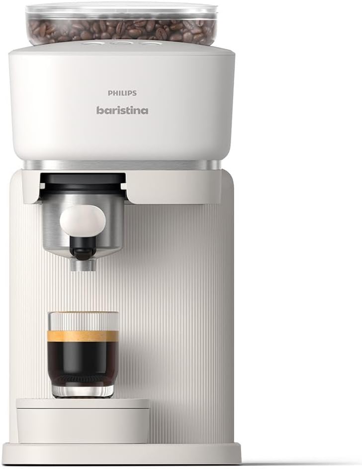Philips Baristina Espresso Machine - Real espresso. made simple. Compact coffee machine. natural white with white portafilter. 16 bar pump pressure. automatic grinder. Cafe Crema (BAR300/00)