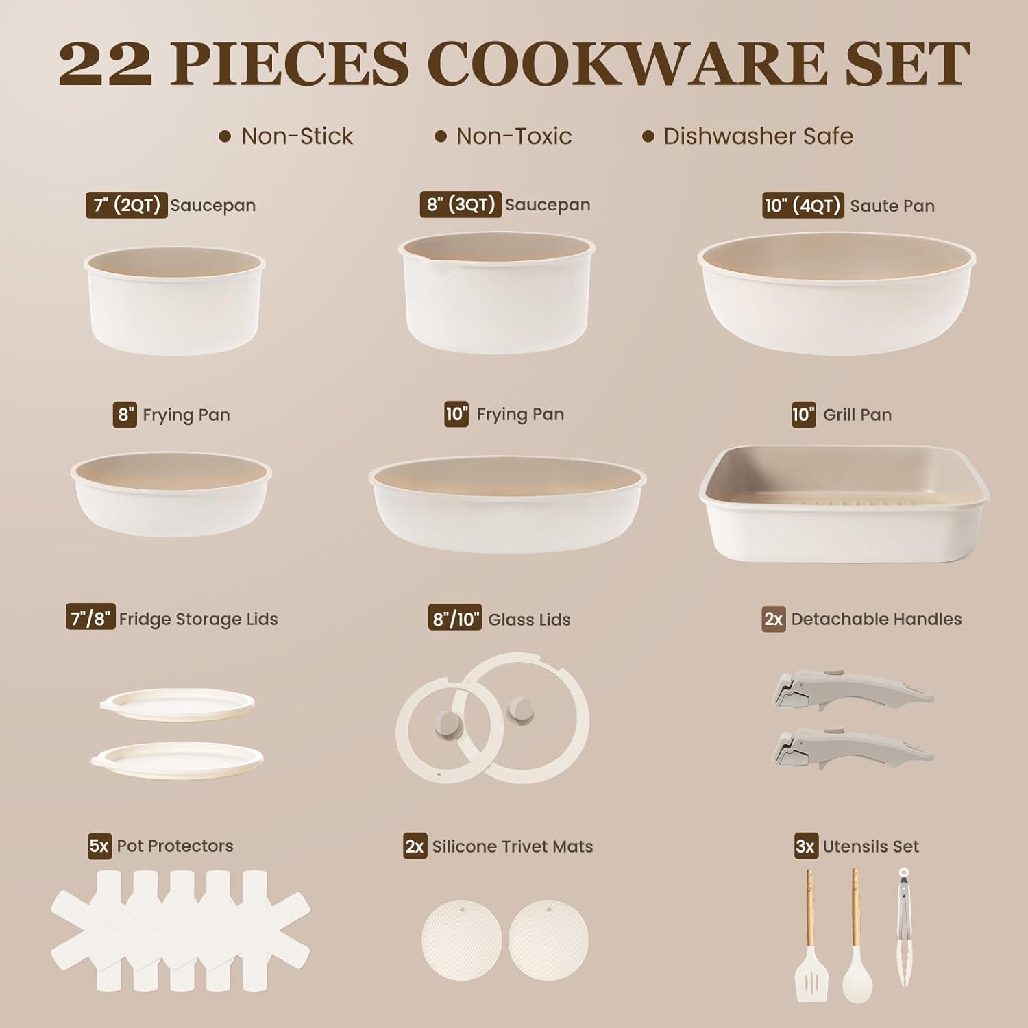 KIKCOIN Ceramic Cookware Set. 22 Pcs Nonstick Pots and Pans Set with Detachable Handles. Non Toxic Kitchen Cooking Set with Removable Handles. Induction/Dishwasher/Oven Safe. Ollas de Cocina