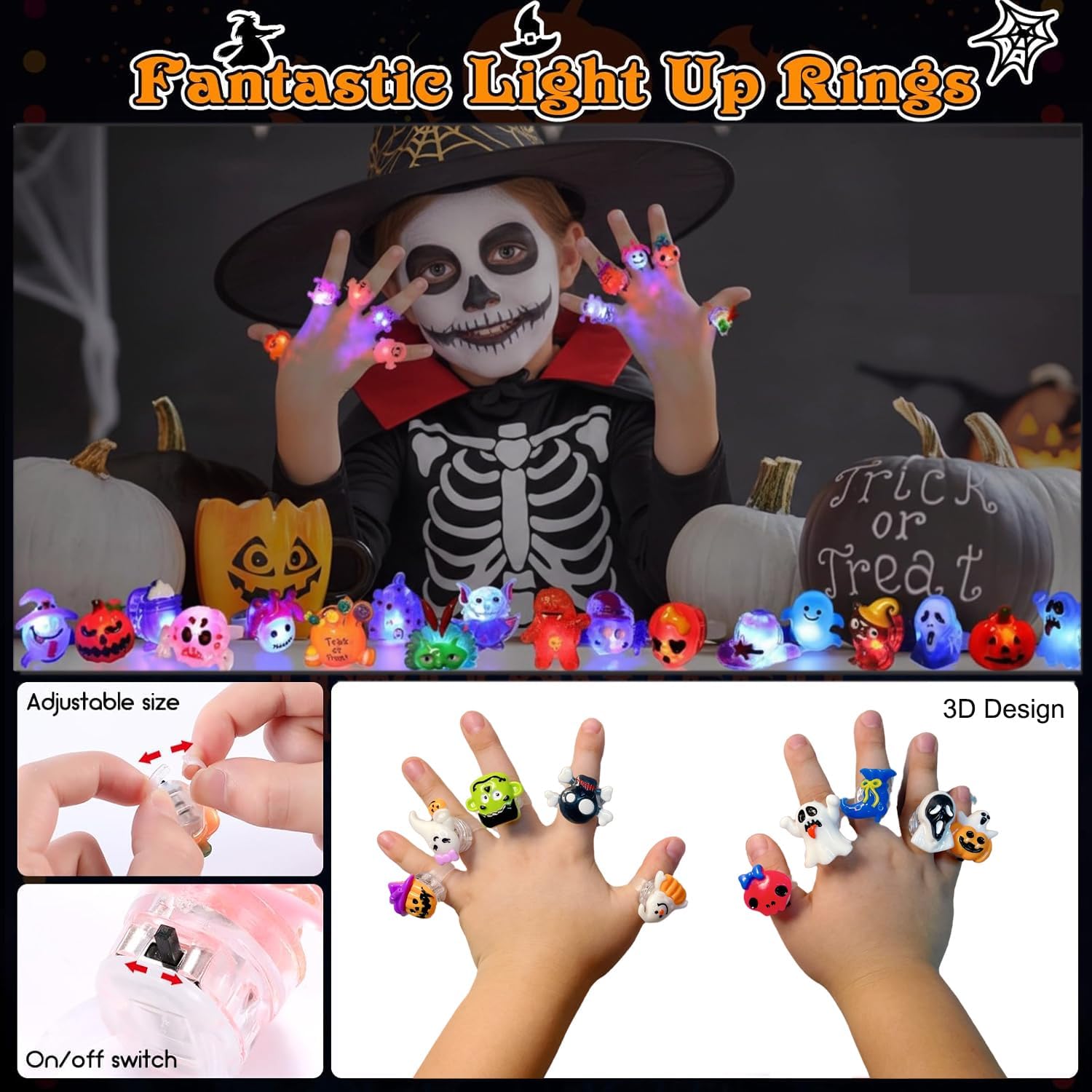 Halloween Party Favors for Kids Adults 50Pcs Gifts 3D Halloween Treats LED Light Up Rings Flashing LED Glow In The Dark Party Supplies Goodie Non Candy Treats Filler Prizes Decorations