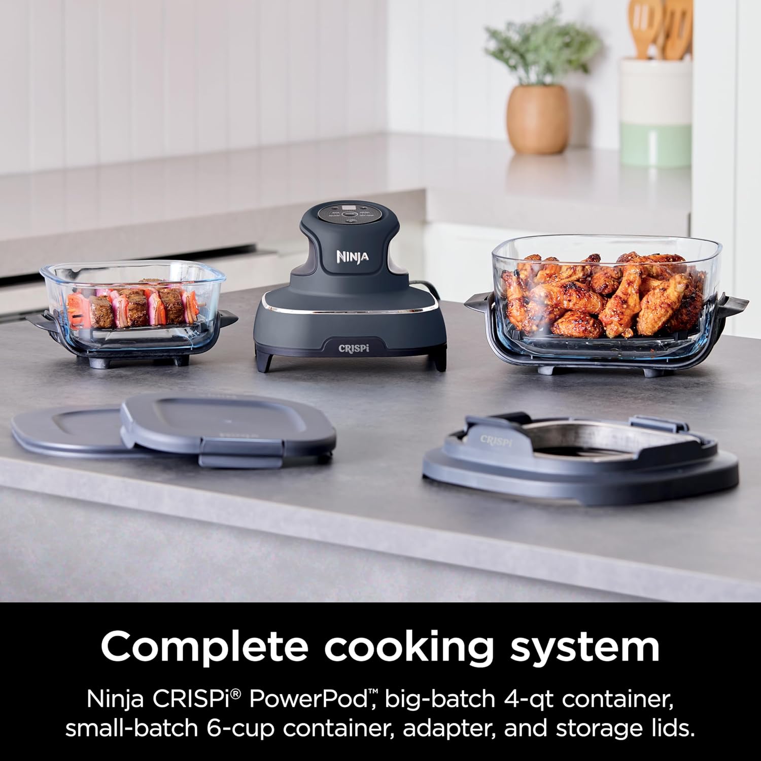Ninja Crispi 4-in-1 Portable Glass Air Fryer Cooking System. 1500W. 4QT & 6-Cup TempWare Glass Containers with Storage Lids. Microwave. Freezer & Dishwasher Safe. Cyberspace Gray. FN101GY