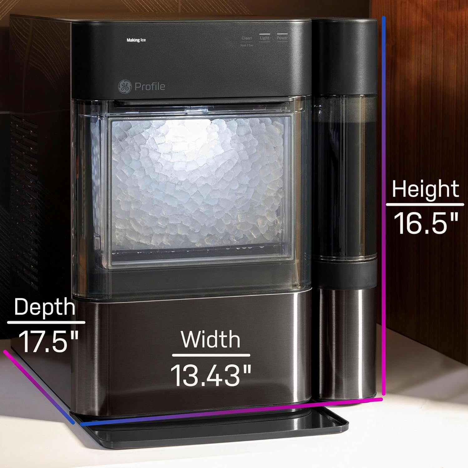 GE Profile Opal 2.0 with 0.75 Gallon Tank. Chewable Crunchable Countertop Nugget Ice Maker. Scoop included. 38 lbs in 24 hours. Pellet Ice Machine with WiFi & Smart Connected. Black Stainless Steel