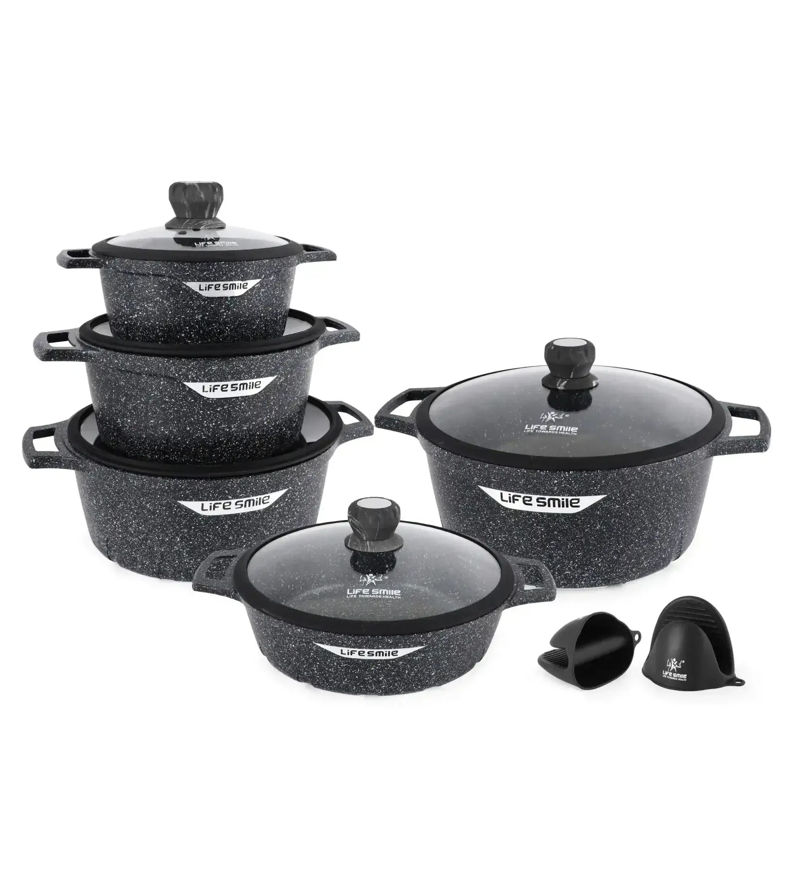 12 Pcs Non Stick Granite Cookware Set with Silicone Gloves