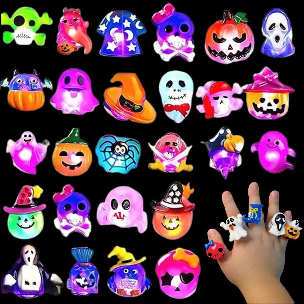 Halloween Party Favors for Kids Adults 50Pcs Gifts 3D Halloween Treats LED Light Up Rings Flashing LED Glow In The Dark Party Supplies Goodie Non Candy Treats Filler Prizes Decorations