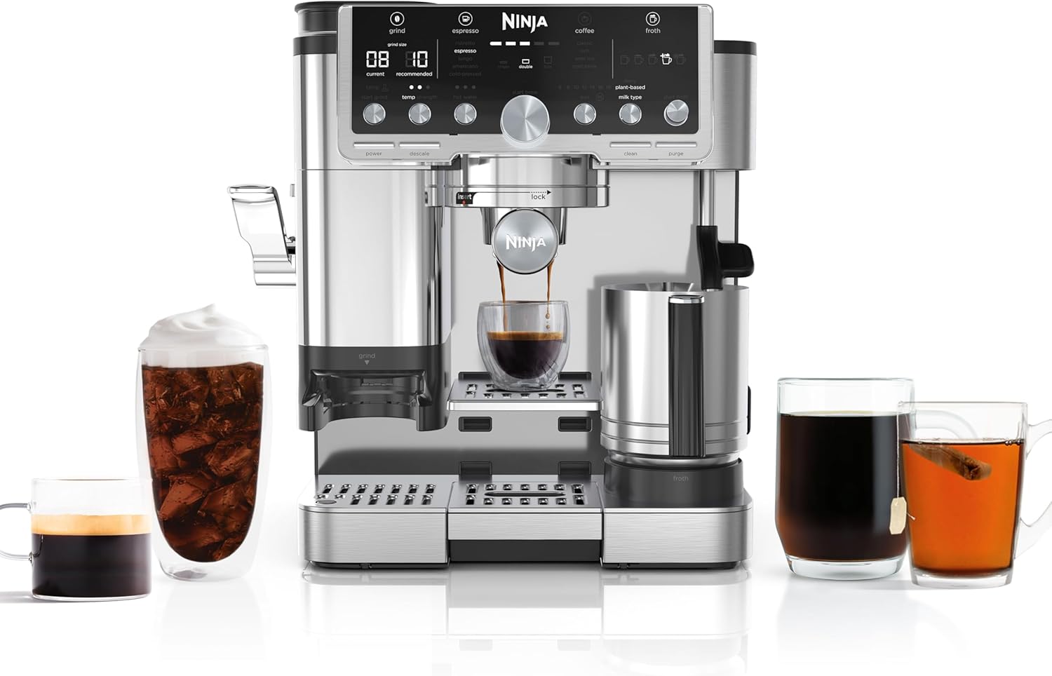 Ninja Luxe Café Pro Series. Espresso Machine. Drip Coffee. Cold Brew. Hot Water. Integrated Tamper. Built-in Grinder. Hands-Free Frother for Cappuccinos. Lattes. Americanos. Dairy or Non-Dairy. ES701