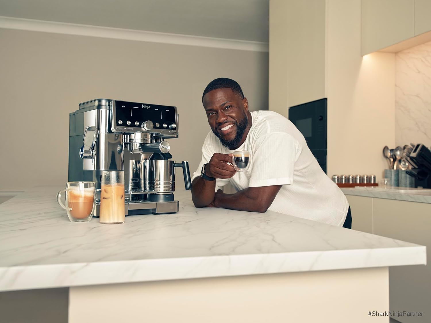 Ninja Luxe Café Pro Series. Espresso Machine. Drip Coffee. Cold Brew. Hot Water. Integrated Tamper. Built-in Grinder. Hands-Free Frother for Cappuccinos. Lattes. Americanos. Dairy or Non-Dairy. ES701