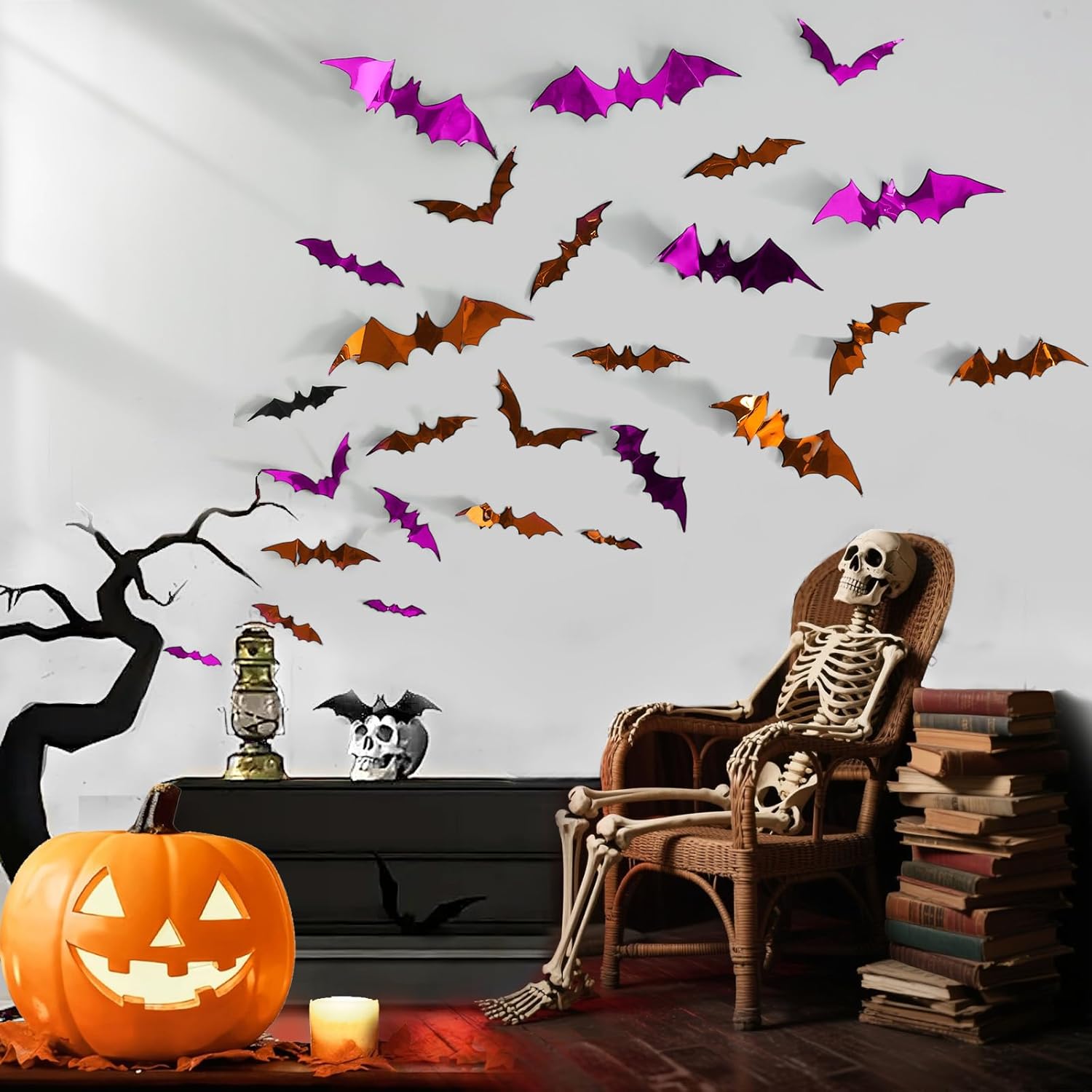 72pcs Halloween Bats Decorations Outdoor Indoor. Halloween Party Supplies. 3D Bat Stickers for Wall Window Home Kitchen Scary Decor (4 Sizes. 3 Colors)