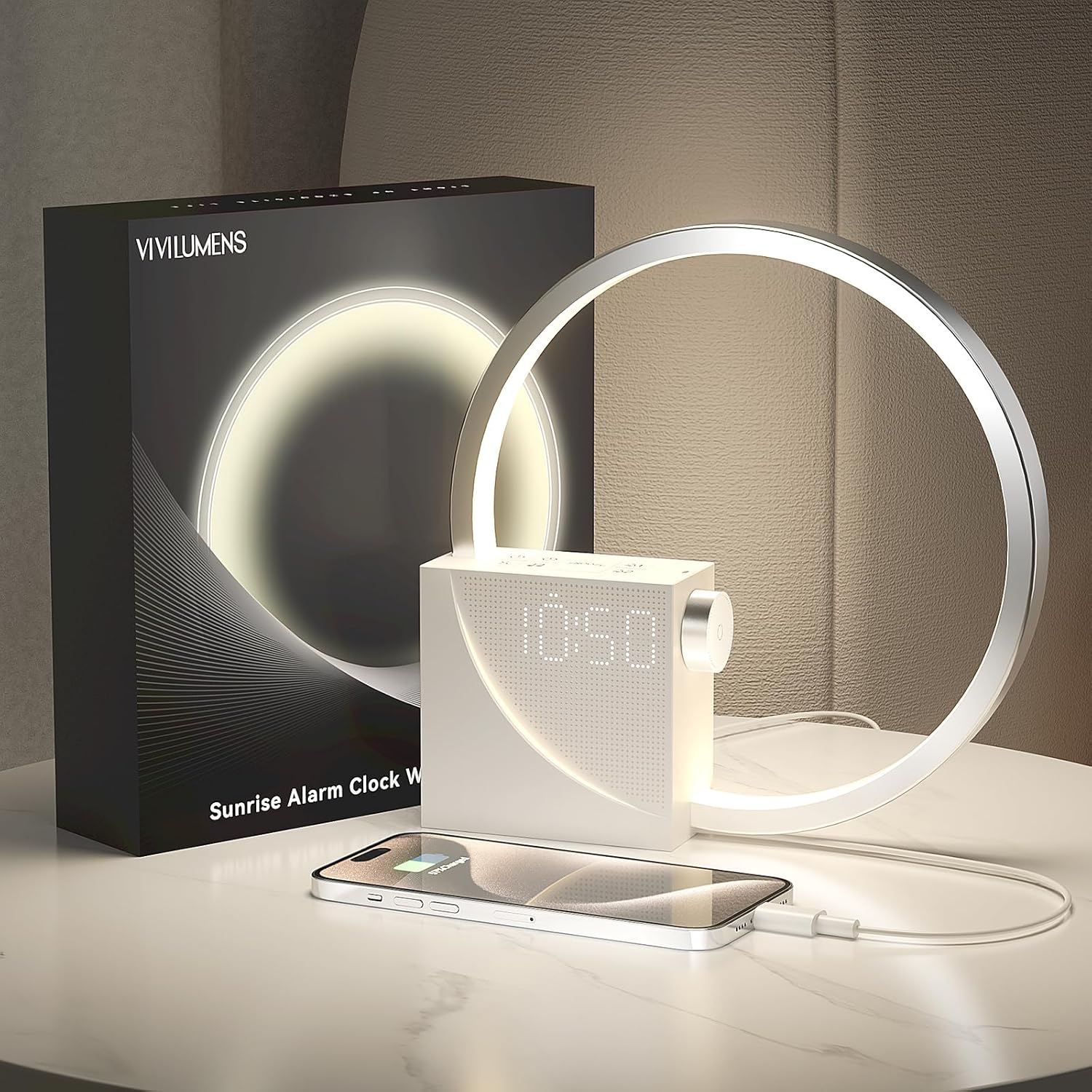 Vivilumens Sunrise Alarm Clock for Heavy Sleepers Adults. Wake-up Light. Sleep Aid 10 White Noise Sound Machines with 30/60/90 Timer. 3 Level Dimmable Touch Table Lamp with Snooze USB Charger Port